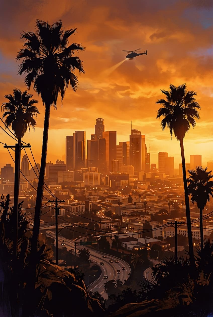 Grand Theft Auto V Los Santos sunset skyline